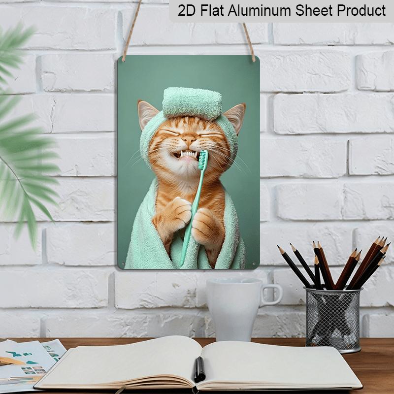 2D Flat Orange Tabby Cat Brushing Teeth Metal Sign - Funny Bathroom Wall Decor Durable Aluminum Material Bathroom & Powder Room Wall, Kids' Bathroom