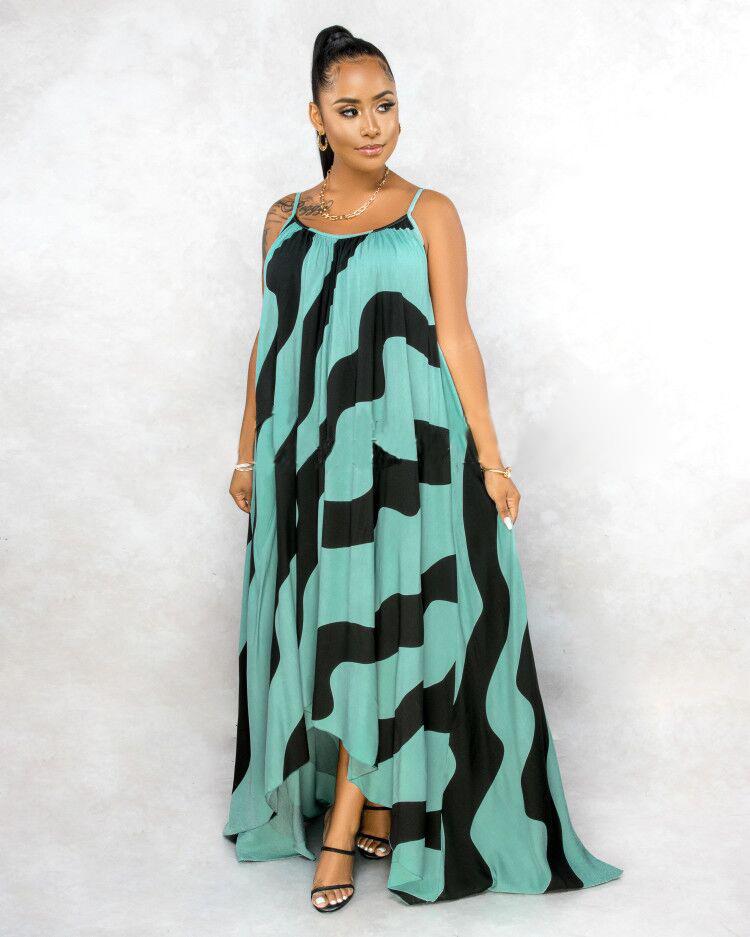 H153 Europäisches Sexy Damen Maxikleid mit unregelmäßigem Print und Spaghettiträgern