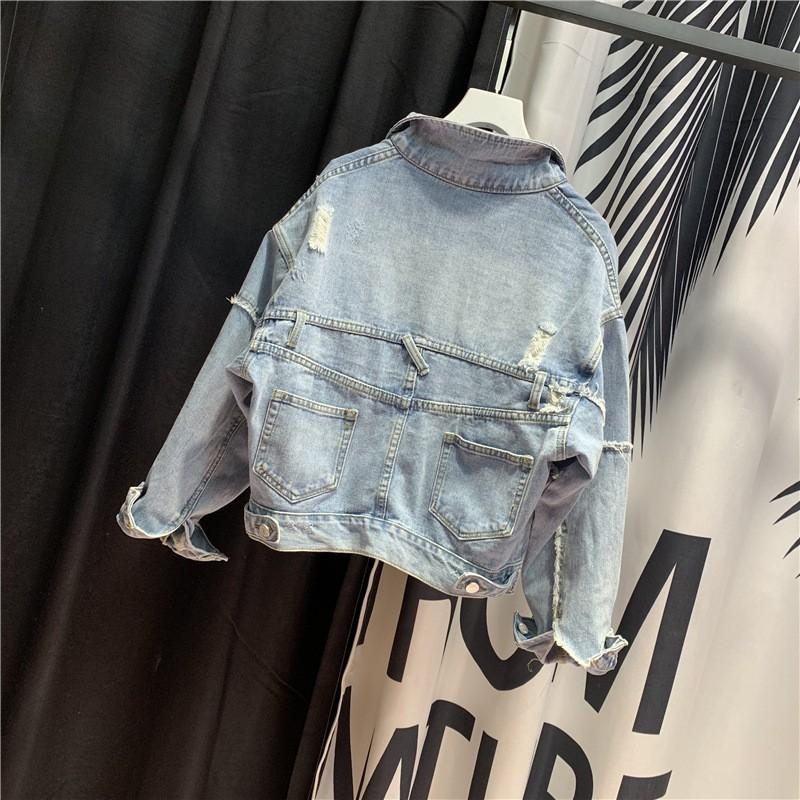 Womens Loose Fit Denim Jacket Vintage Style Pockets Frayed Edges Slimming Casual