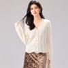 100% Pure Wool Winter New V-neck Hollow Leaf Pattern Pearl Buckle Gentle Women's Wool Cardigan