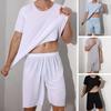 2Pcs/Set Men Sport Tracksuit Round Neck Short Sleeve T-shirt Elastic Waist Wide Leg Shorts Set Ice Silk Solid Color Sleepwear Homewear