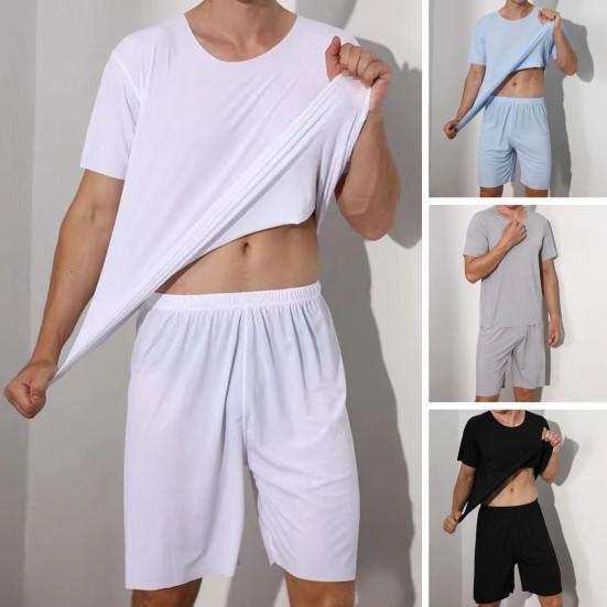 2Pcs/Set Men Sport Tracksuit Round Neck Short Sleeve T-shirt Elastic Waist Wide Leg Shorts Set Ice Silk Solid Color Sleepwear Homewear
