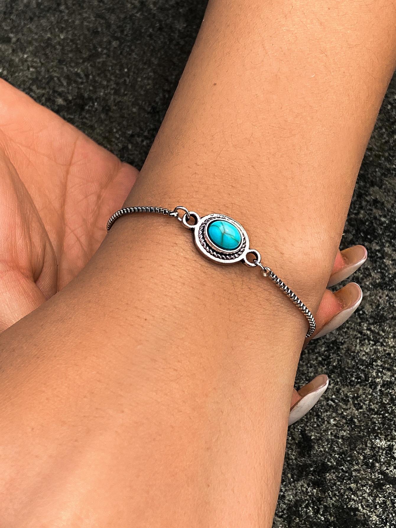 

1 Pc Retro Pendant Turquoise Bracelet, Simple Ethnic Single Layer Box Chain Bracelet, Suitable for Daily Wear