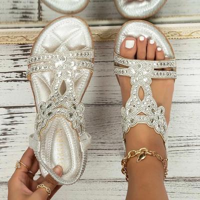 Strass-Sandalen für Damen mit elastischem Knöchelriemen, böhmische Strandschuhe, modische Kristallblumen, lässige Schuhe mit offener Spitze