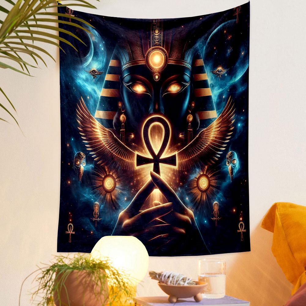 "Ancient Egyptian Ankh and Cosmic Design" Patterned Tapestry Decorative Wall Hanging, Home Bedroom Living Room Decor