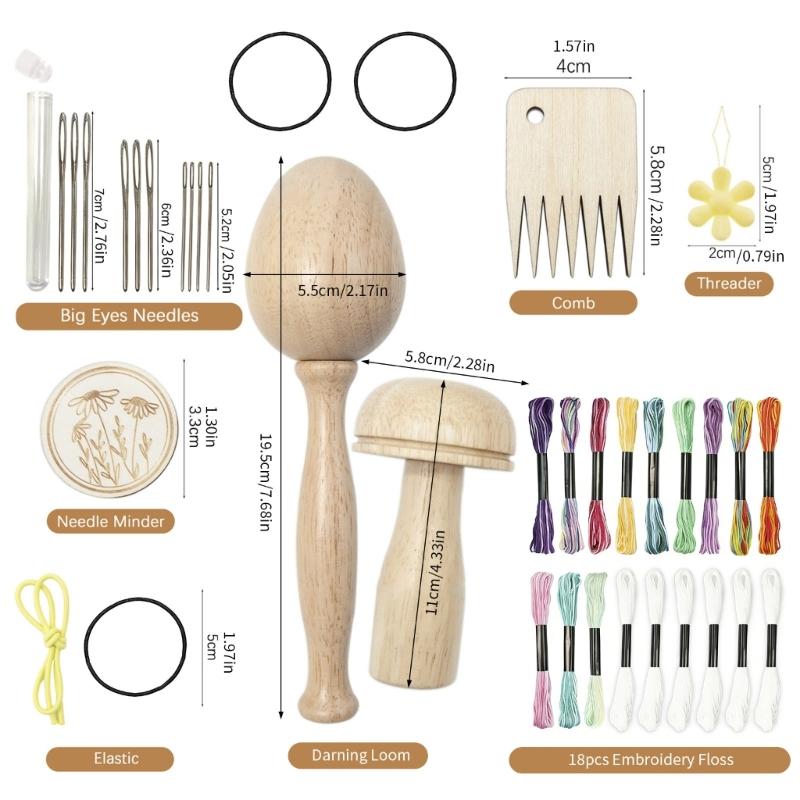 Eggs Shape Wood Mending Tool Wooden Darning Mushroom Set With Large Eye Needle and Colored Thread for Knitting Repair