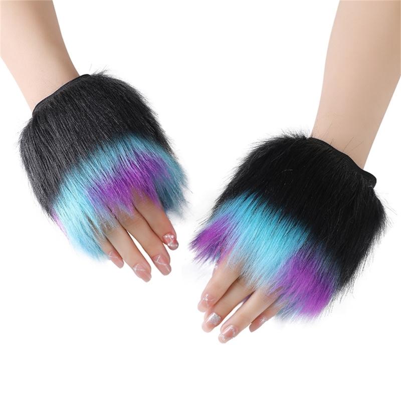 Fingerless Rainbow Fleece Gloves For Winter Soft Plush Warmth Unisex Design Colorful Bear Cosplay