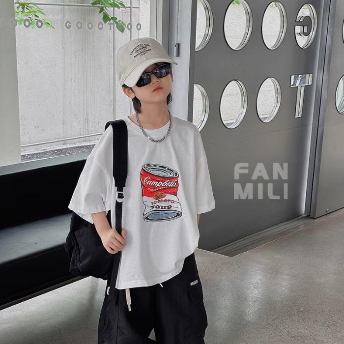 

Белая хлопковая модная футболка с коротким рукавом для мальчиков - Летняя 2024 Трендовая крутая детская одежда 140 cm