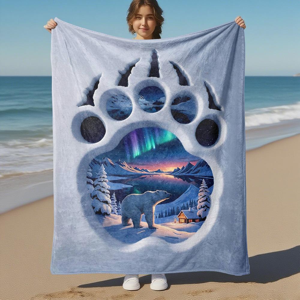 1PC Polar Bear PrintOutdoor Flannel Blanket - Soft Plush Decor for Picnics, camping, Bedroom, Playroom, Office, or Lunch Break 1217A