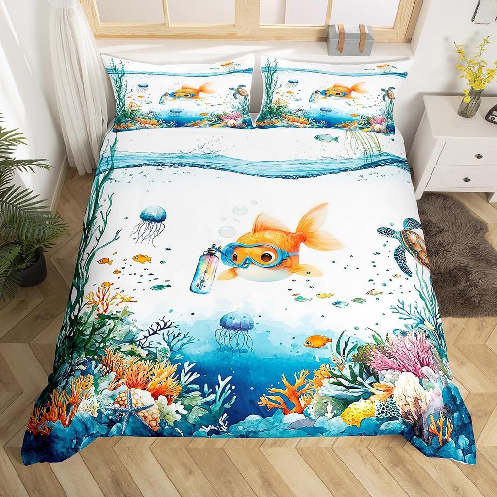 Comforter Japanese Goldfish Fantasy Yin Yang Cherry Blossom Flowers Comforter Set Blue Sea Wave Breathable Bedding