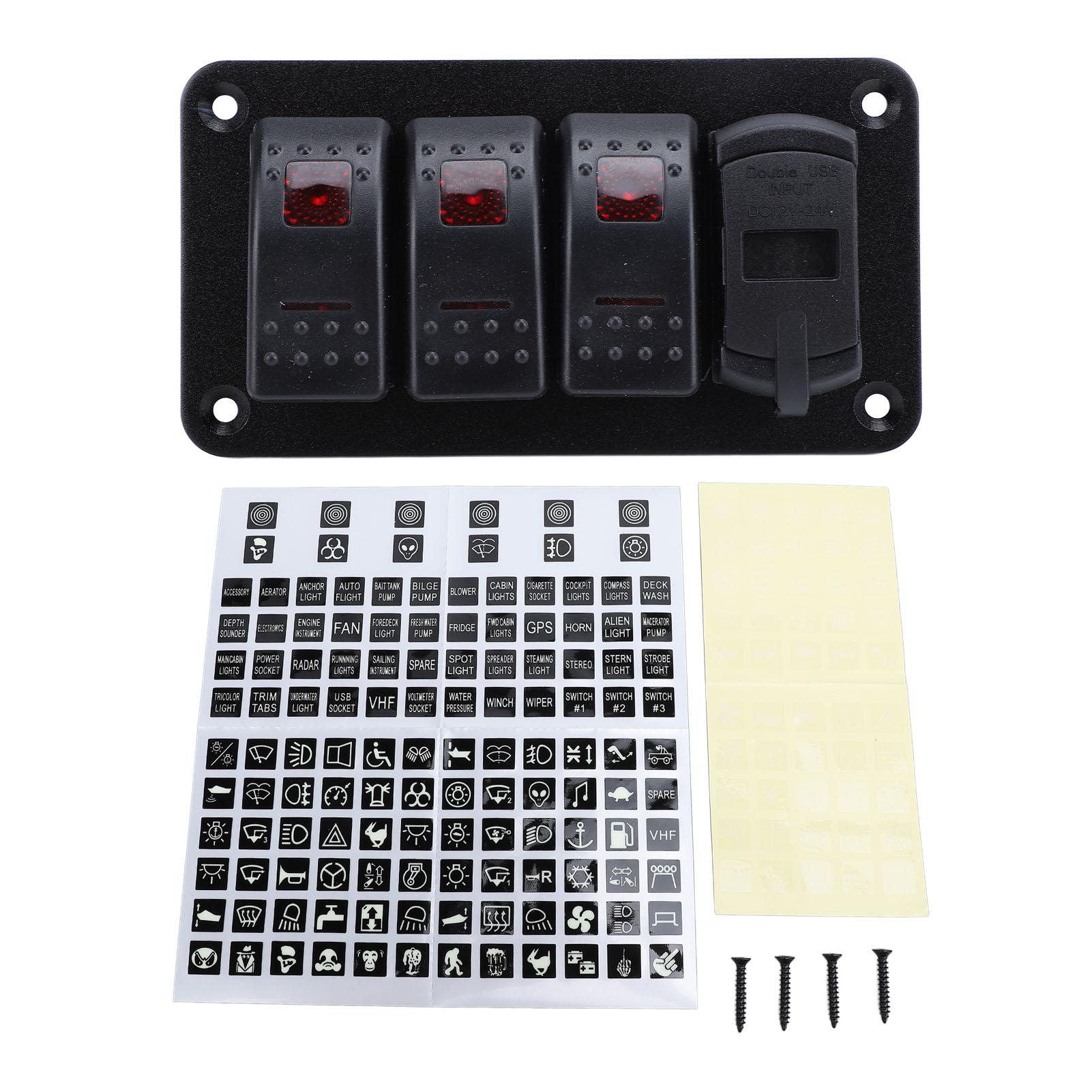

12V 24V 3 Gang Rocker Switch Aluminum Panel with Voltmeter Dual USB Fast Charging Multifuntional Switch Panel for Boat Red Light