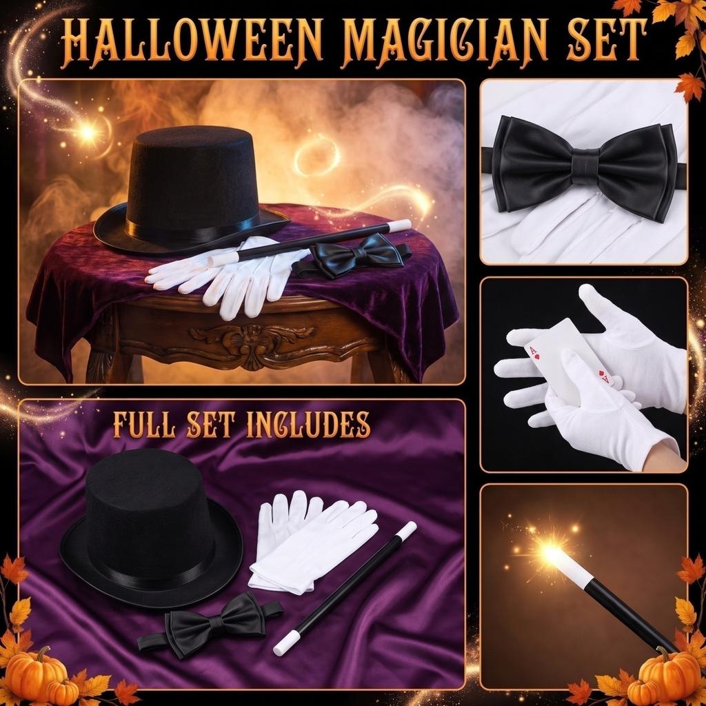 Halloween Chapeau de Magicien Cravate Gants Ensemble d'Accessoires de Costume 530