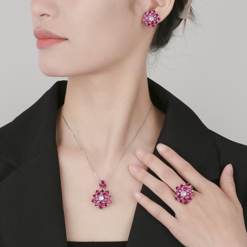 Jewelry Copper Bottom Gold-Plated Simulation Red Corundum Flower High-End Light Luxury Suit Women
