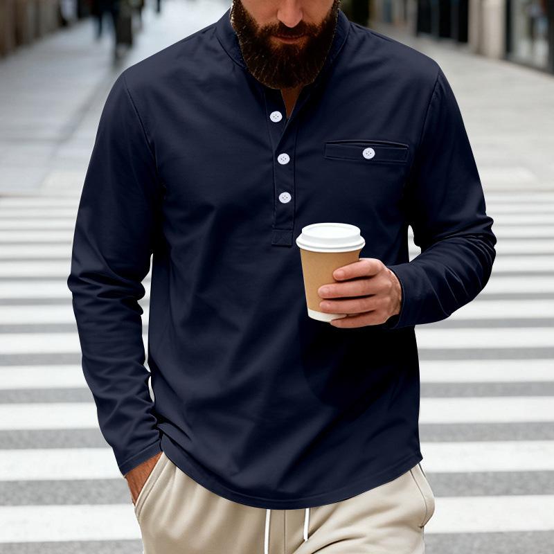 Men's Henley Long Sleeve Shirt Stand Collar Button Pocket Casual Top Multi-Color