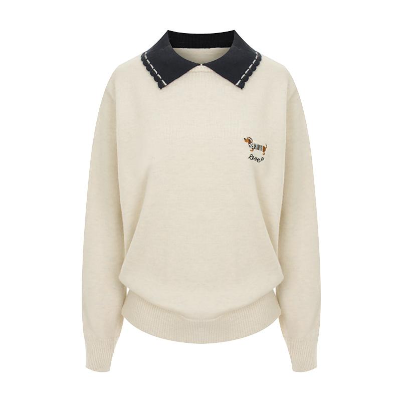 SELLY'S Collar Contrast Puppy Embroidery Knit_I6D-Ckn013