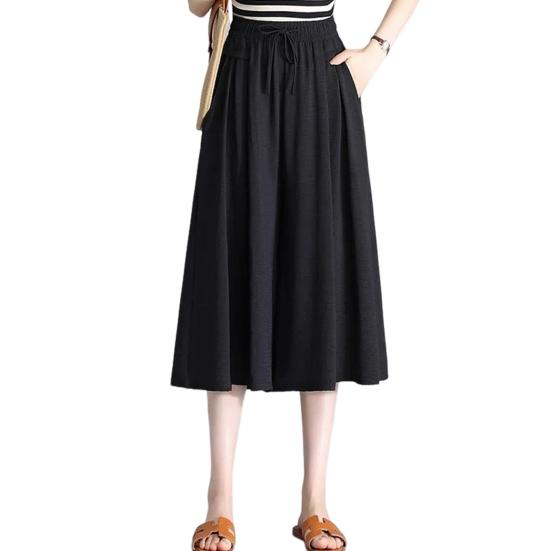 

Жіночі повсякденні штани з високою еластичною талією, регульовані широкі укорочені штани на шнурівці, одноколірні вільні брюки-кюлоти 2XL чорний