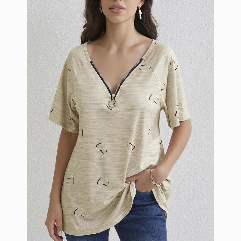 Spring Summer New Zipper Short Sleeve Shirt Women Tops Casual Love Print Pullover T-shirt Woman Fashion Elegant Loose Lady Blouse 24145
