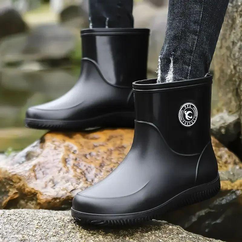 Large Size Men's Rain Boots Fashionable Adult Waterproof Fleece Lined Anti-slip Mid-calf Booties Outdoor Wearable Couples Shoes