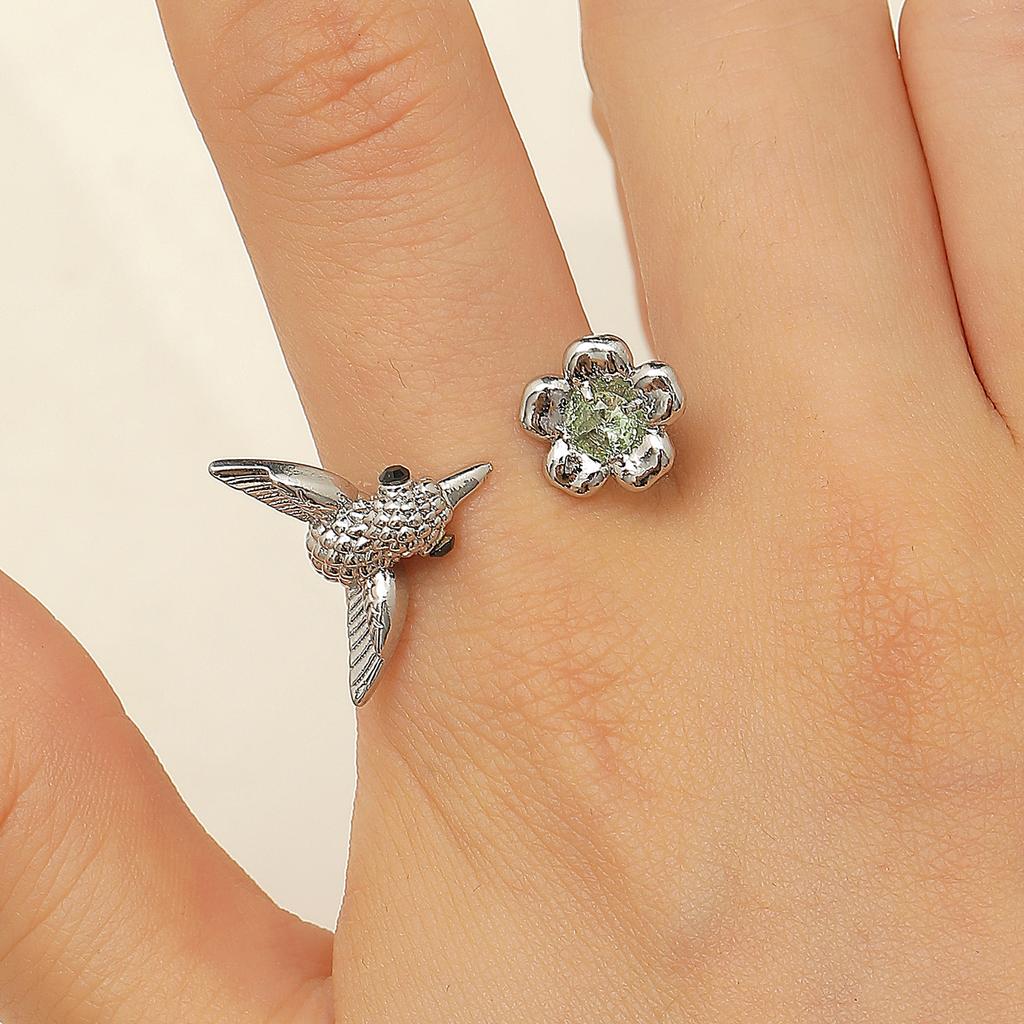 Hummingbird & Flower Open Ring Collection, Gold/Silver Tone Adjustable Gemstone Bird Rings for Women