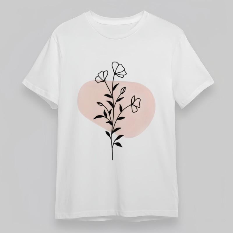 Women's Comfy Classic T-Shirt Simple Blossom Stem Pattern Design WhiteCotton Tee