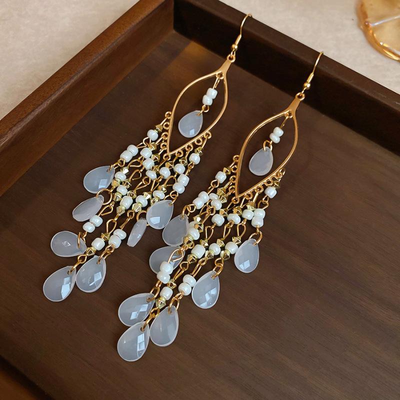 Bohemian water droplets crystal rice beads fringed ear hooks retro ethnic style earrings fashion vacation style earrings