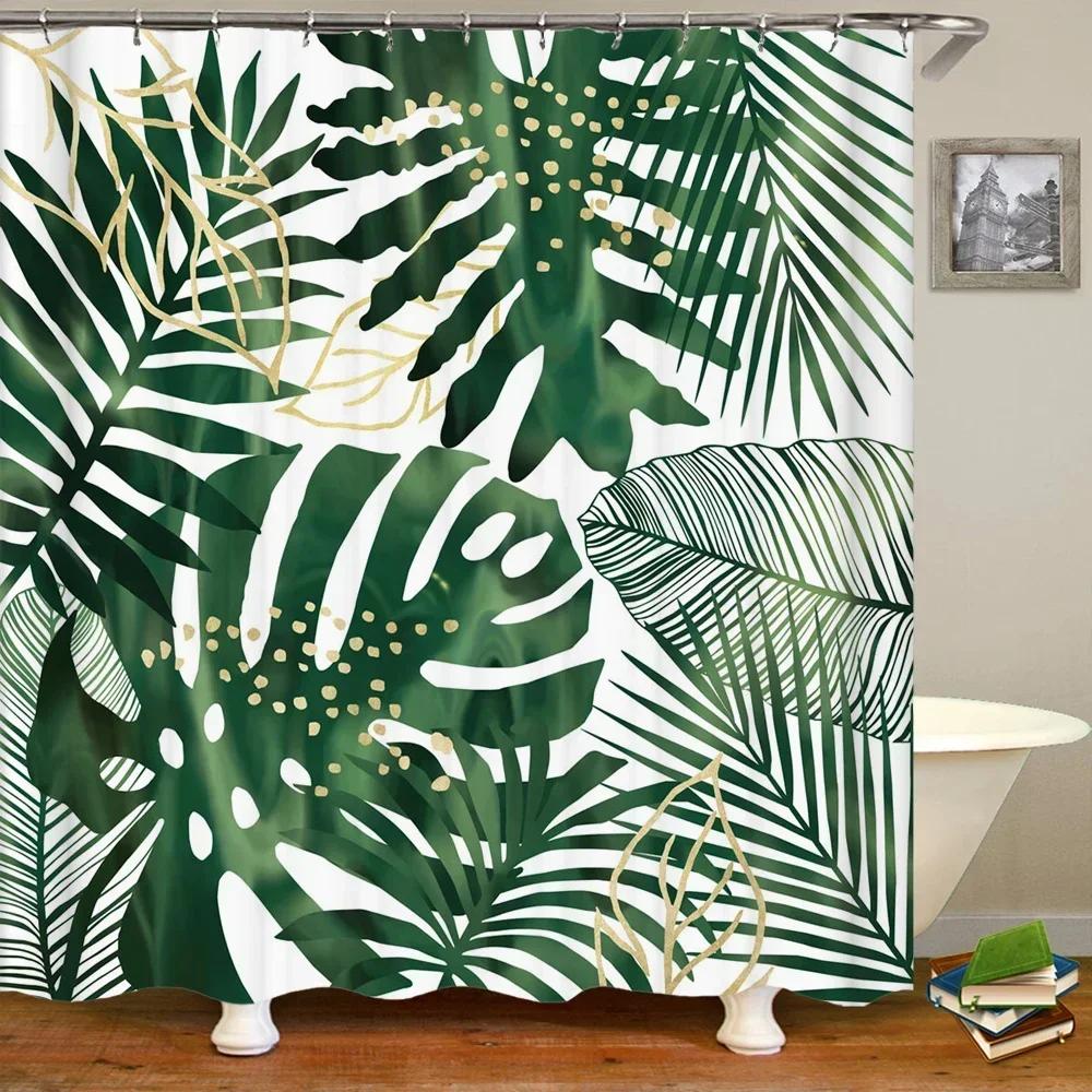 3D Printed Green Tropical Plants Shower Curtains Bathroom Waterproof Polyester Leaves Bath Curtain Shower Curtain Bath Screen