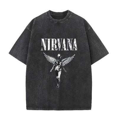 Camiseta Vintage Desgastada Lavada Nirvana Grunge Rock Anjo Prateado Esqueleto Estampado Corte Solto Manga Curta Camisetas