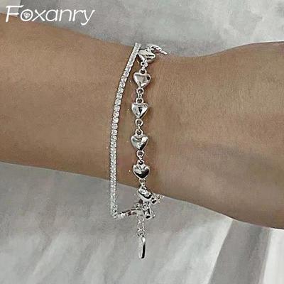 Pulsera Chian de doble capa para Mujeres Parejas Moderna Elegante Circonitas Brillantes Corazón AMOR Joyería de Fiesta