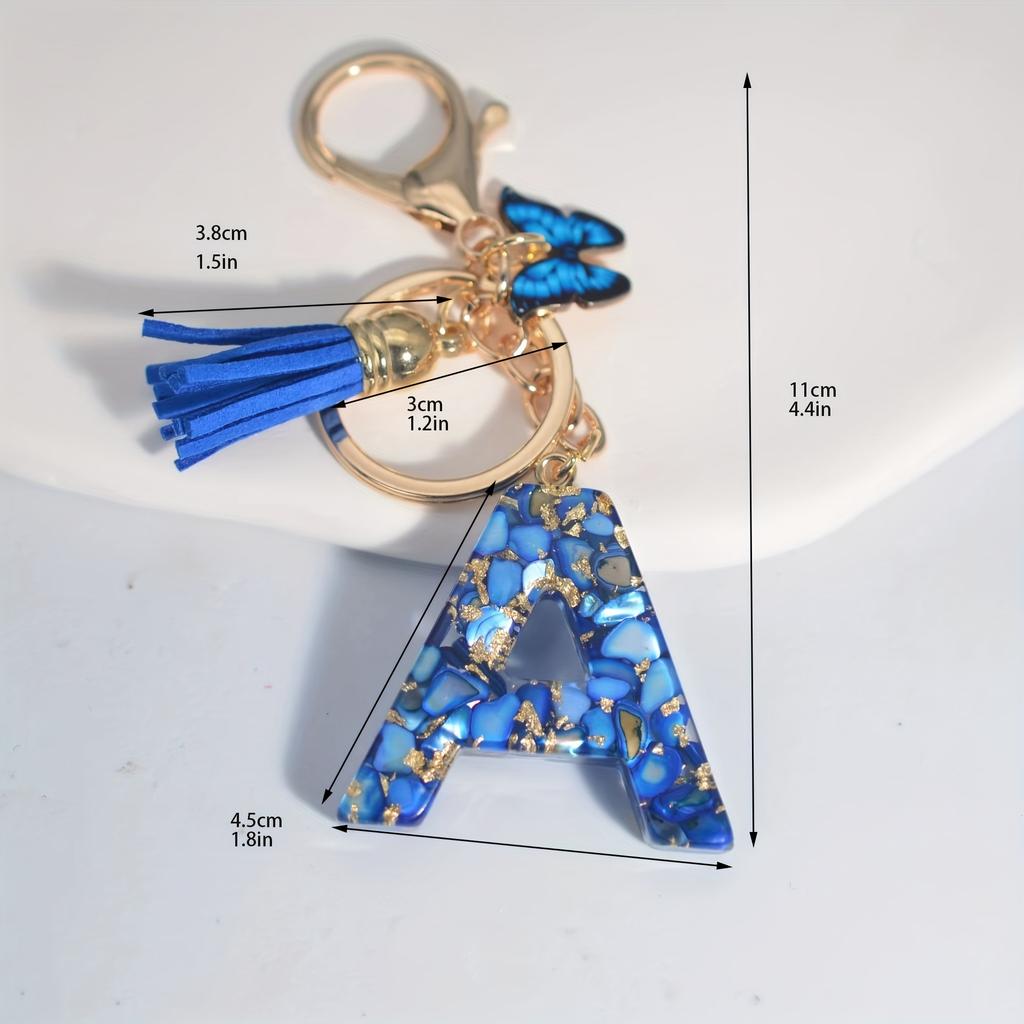 1pc Custom Blue Alphabet Letter Keychain with Butterfly Pendant Resin Ladies Key Ring with Tassel - Elegant Accessory for Bags Backpacks