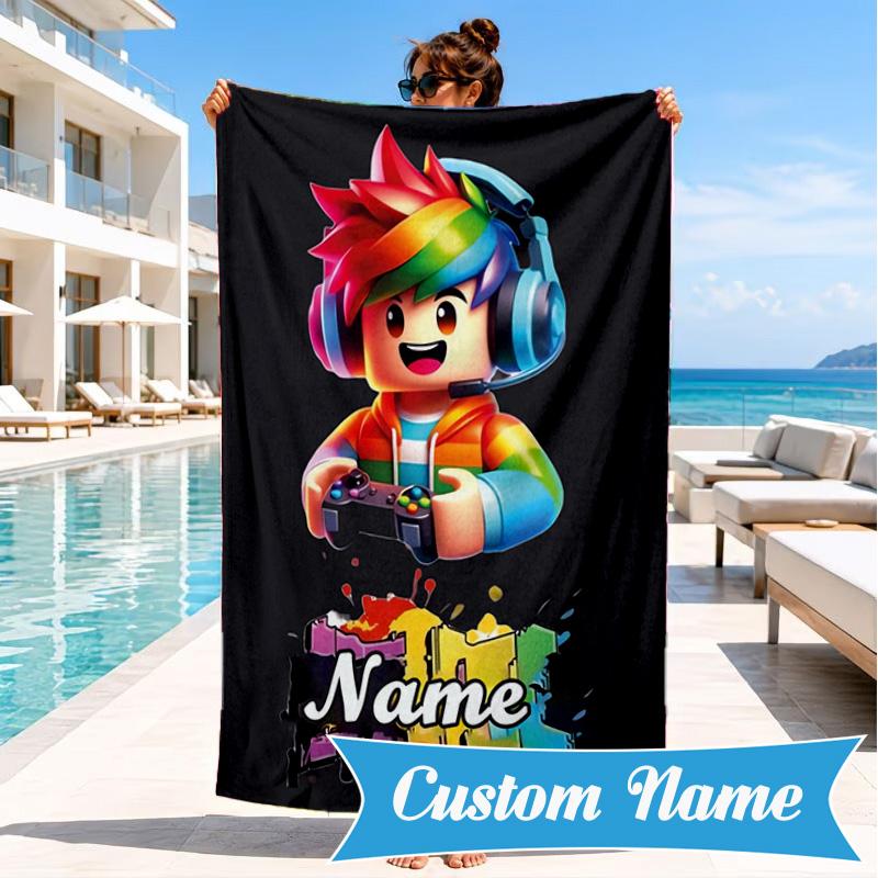 Custom Name Ro-blox Adventure Quests Beach Towel Microfiber Beach Towel, Lightweight and Quick-Dry, for Summer Travel, Swimming Pool Gift