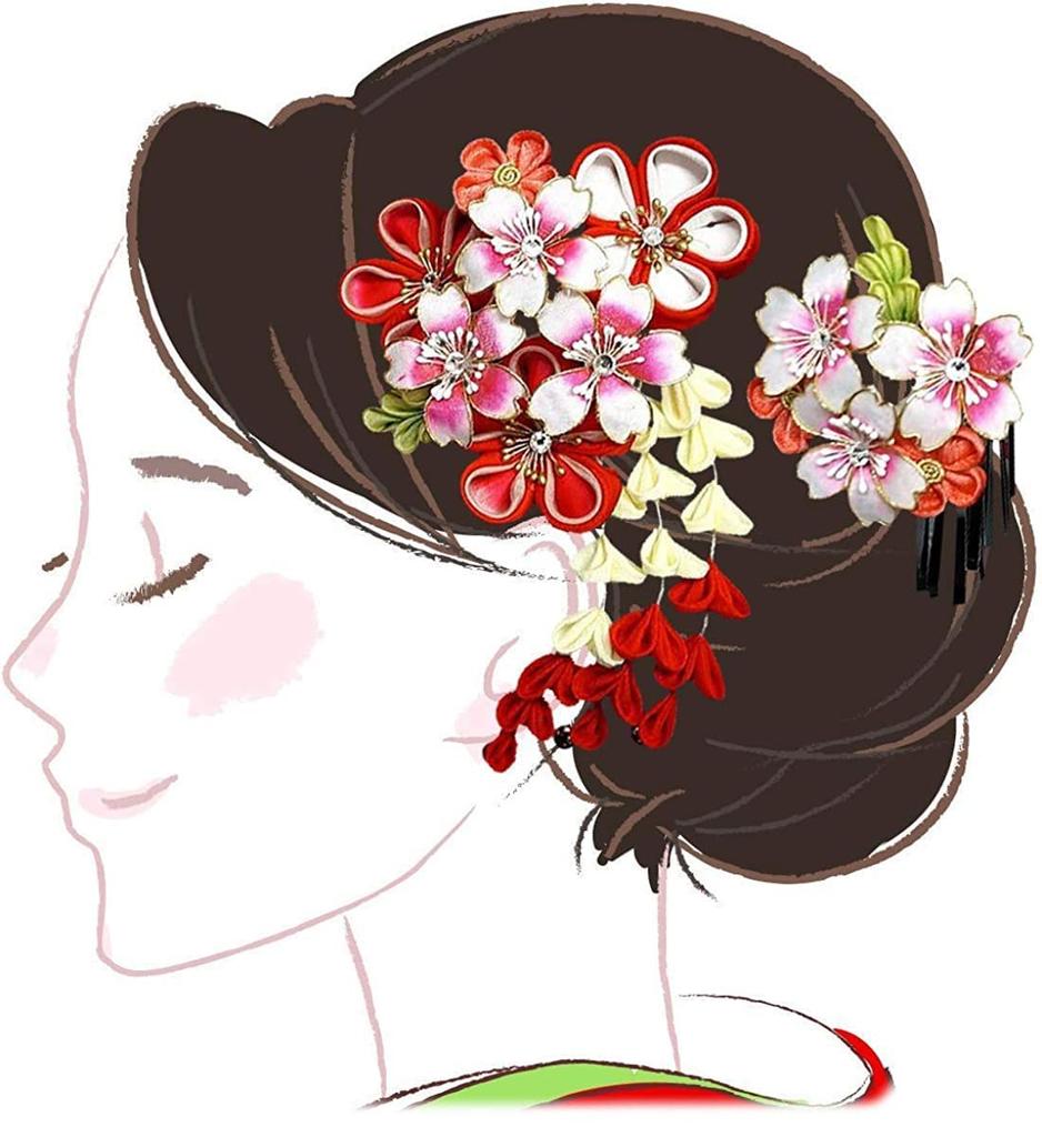 Hårpyntsett Furisode-seremoni Rød Rosa Kirsebærblomst Tsumami-arbeid Sølvfiligran [Kyoto Usagido] 2 deler myndighetsdag wk-292