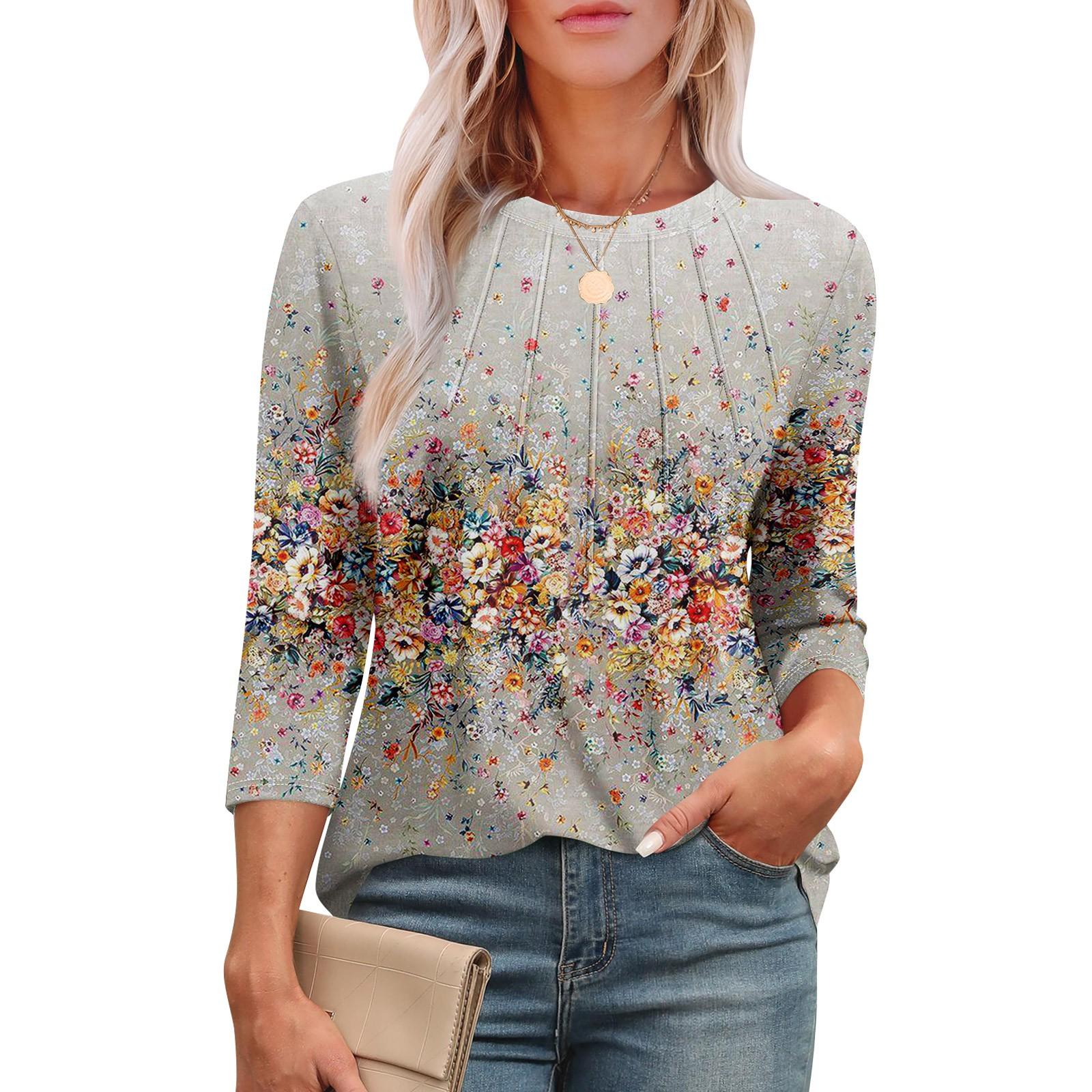 

Женская модная футболка с круглым вырезом и рукавом 3/4 с принтом, повседневная, базовая, плиссированная, пуловер M