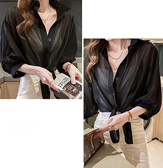 SANYIN Sheer Loose Solid for UV Chiffon Sleeves Women's Cardigan, Lightweight, Fit, Color, Spring/Summer, Protection, Sunscreen, Top, 3/4 (Black)