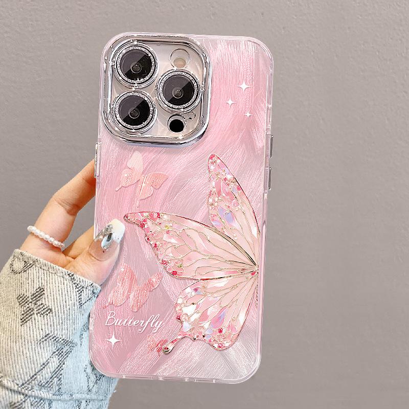 Pink butterfly bracelet is suitable for Apple 17 feather yarn mobile phone case iphone15promax high value 16 Xiaomi 14.