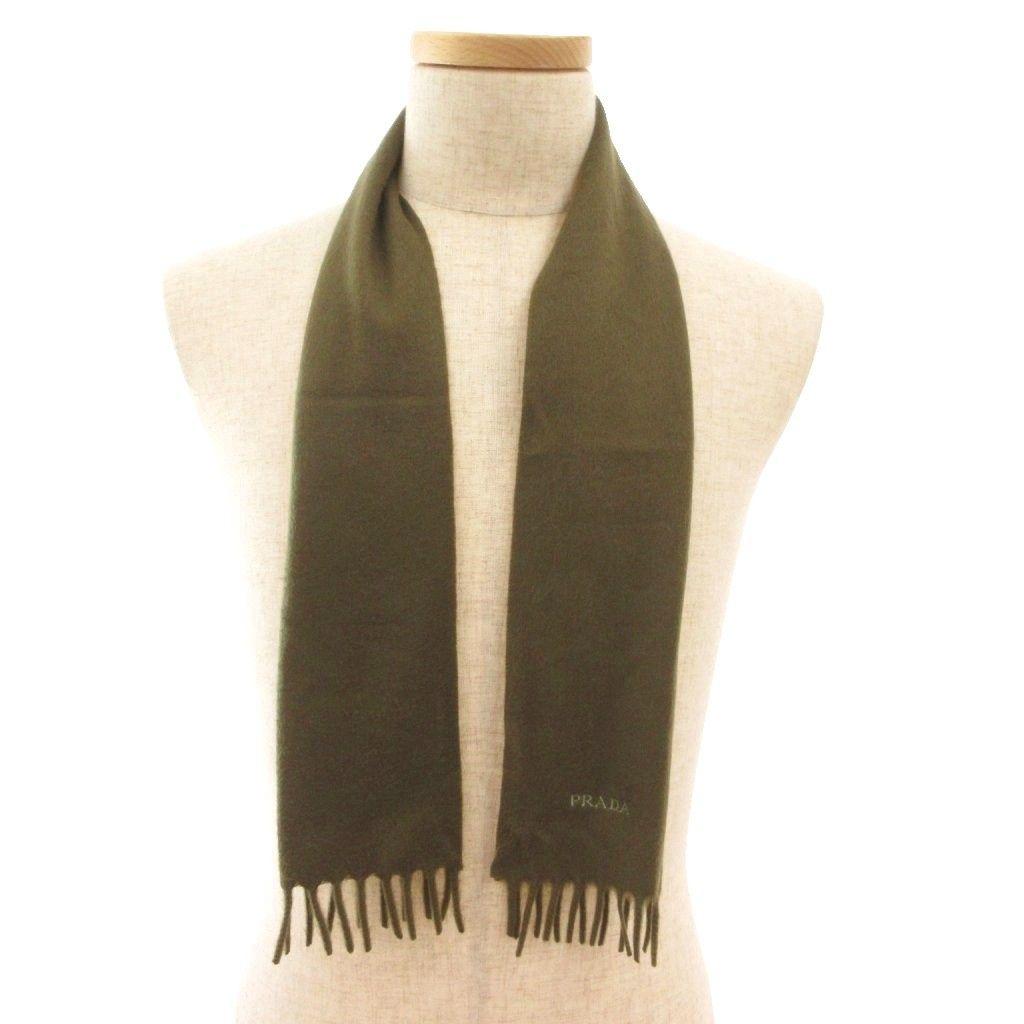 Used Prada PRADA Beautiful Condition Short Muffler Stole 100% Cashmere Fringe Logo Embroidery Khaki Green /JS IBO100