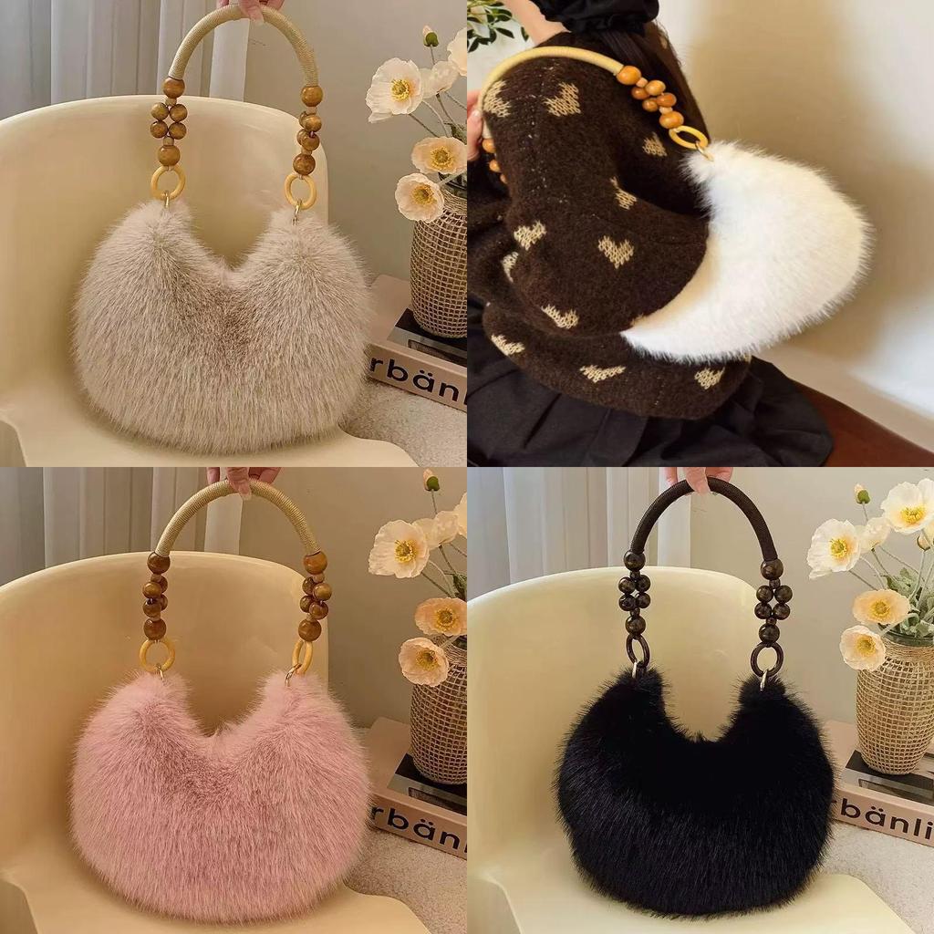 Vintage Plush Handbag With Beaded Details For Daily Casual Womens Fashion