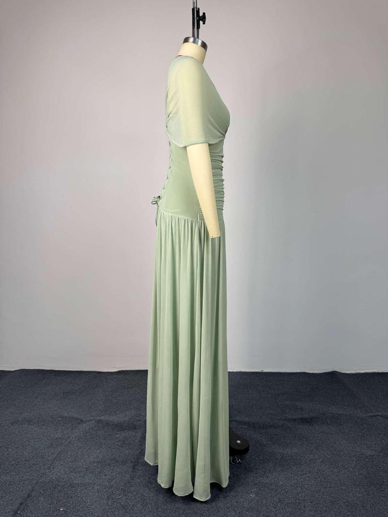 2026 Elegant One-Shoulder Pleated Waist-Cinched Lace-Up Long Sleeve Dress for Women