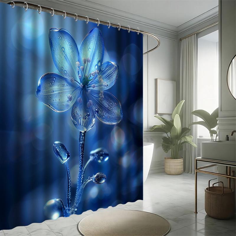 Blue Floral Shower Curtain Set - Crystal Clear, Fantasy & Beautiful Series, Waterproof Polyester, Modern Bathroom Decor