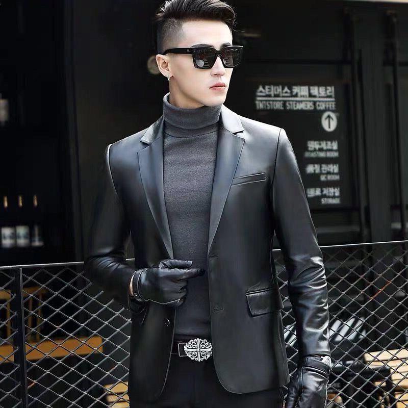 

Весенняя новая кожаная куртка мужская короткая облегающая кожаная куртка корейского стиля тонкая куртка 5XL чёрный