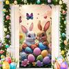 Happy Easter Cute Bunny Door Cover Backdrop Spring Garden Floral Easter Egg Background Easter Party Decoration Photo Shoot Props
