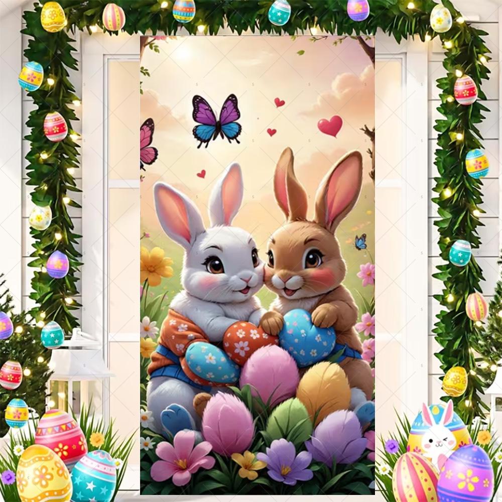 Happy Easter Cute Bunny Door Cover Backdrop Spring Garden Floral Easter Egg Background Easter Party Decoration Photo Shoot Props