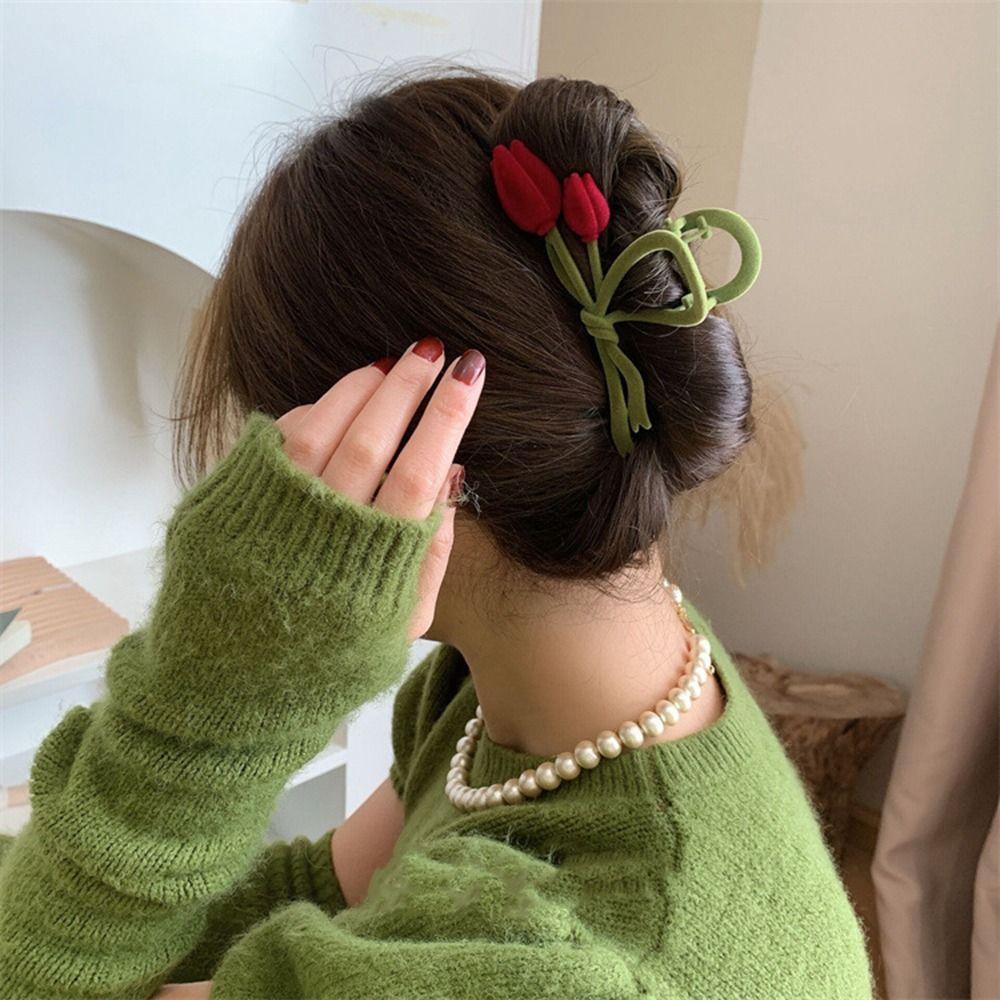 Pearl Korean Style Headwear Red Velvet Hair Claw Flocking Tulip Hair Clip Female Hair Accessories