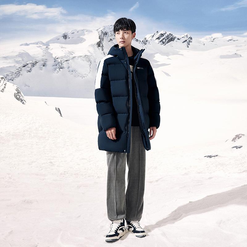 Anta Champion All-Weather Series Color Block Zipper Hooded Mid-Length Four-Proof Long Sleeve Snow Shell Down Jacket Men Outerwear 952347908-4