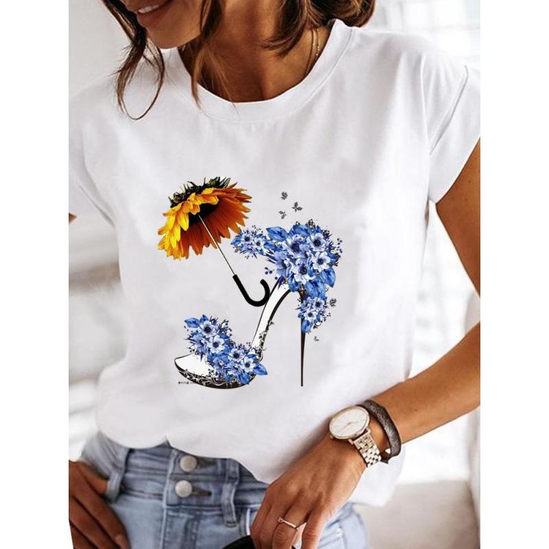 Spring Summer Women's Clothing Love Flower Plant Printed Casual Simple Trendy Top Round Neck Pure Cotton Short Sleeved T-Shirts Women’s