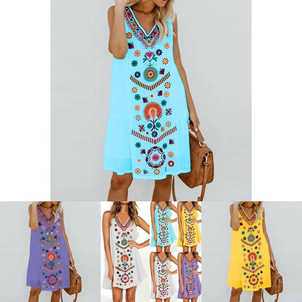 Womens Midi Dress Sleeveless Boho Beach Casual Floral Sundress Perfect For Summer
