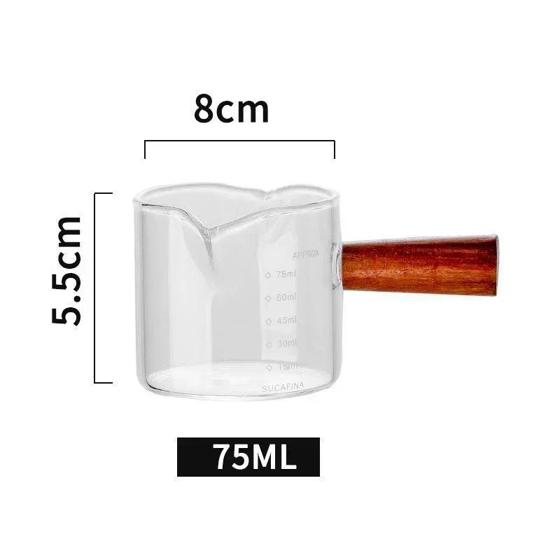75ML Espresso Measuring Cup Wooden Handle Cup with Scale High Borosilicate Double Mouth Milk Latte Coffee Measure Mug Glass
