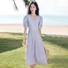 INMAN French Lace V-Neck Puff Sleeve Midi Dress