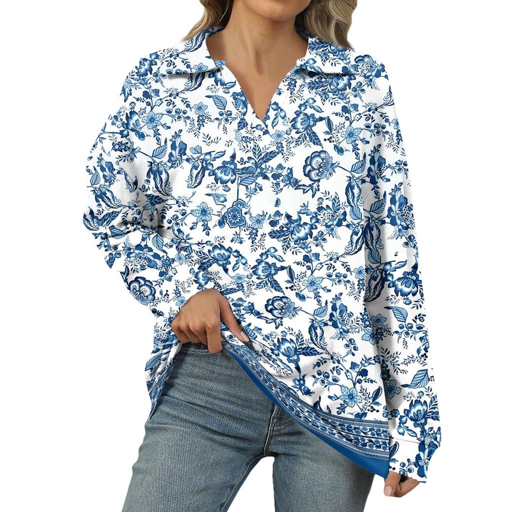 Women's Summer Fashion Casual  Printed V-Neck Long Sleeve Shirt Top
