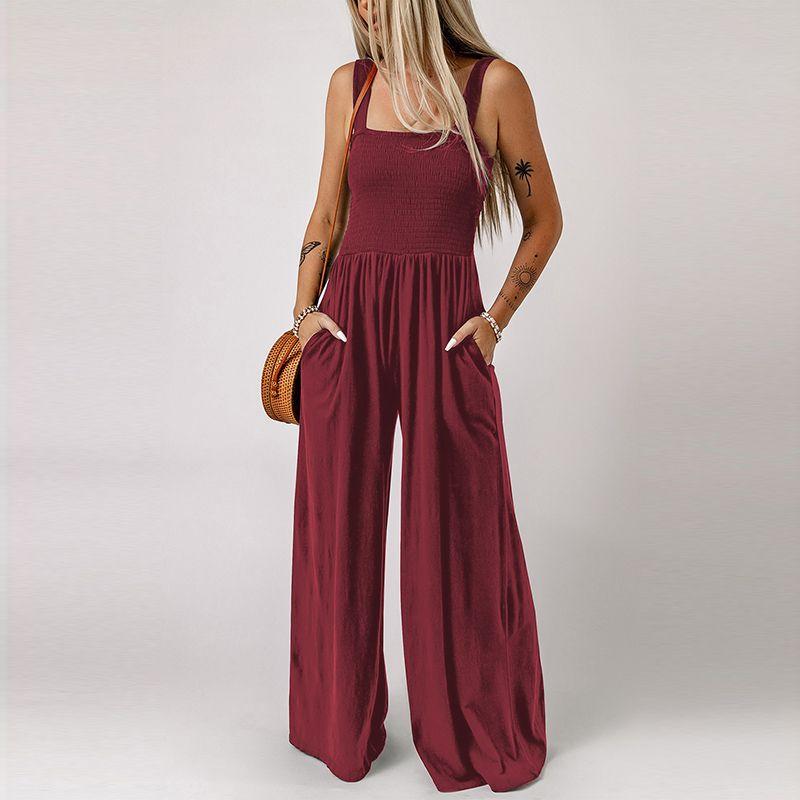 2024 Summer New Arrival Black Square Collar Smocking Jumpsuit Women European and American Leisure Slim Looking Suspenders Loose Pants Women