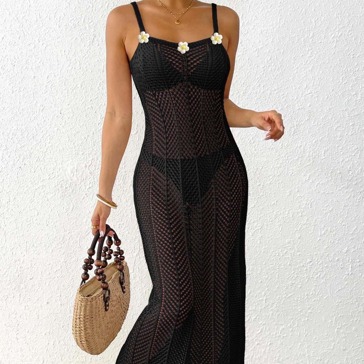

Платье для пляжа, связанное вручную крючком, с цветочным узором, сексуальное, облегающее, на бретелях, для женщин S чёрный